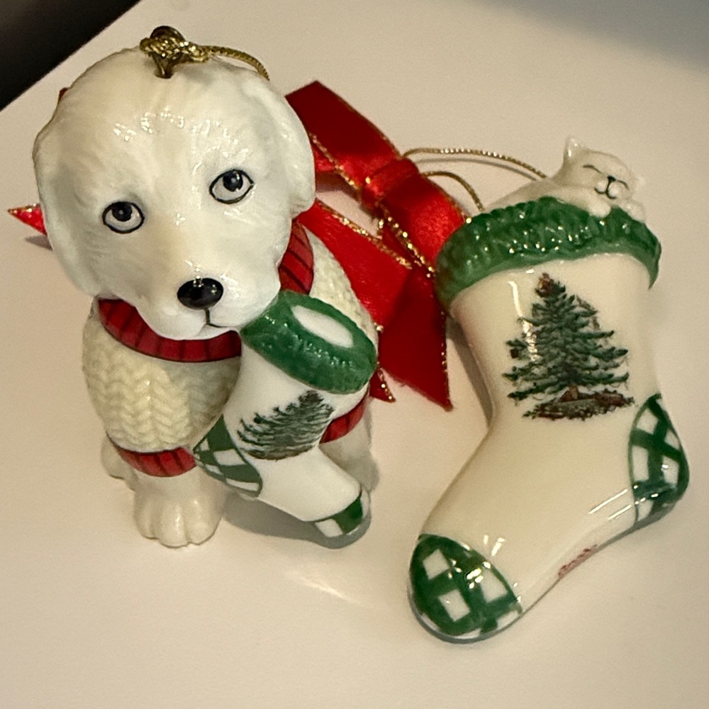 Spode Festive Dog and Cat Ornaments - Red, Green, White